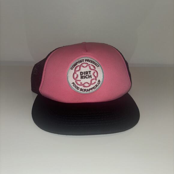 1990's Neon Pink & Blk Trucker Snapback Hat Cap Vintage Dirt Rich Food Compost - Picture 1 of 4